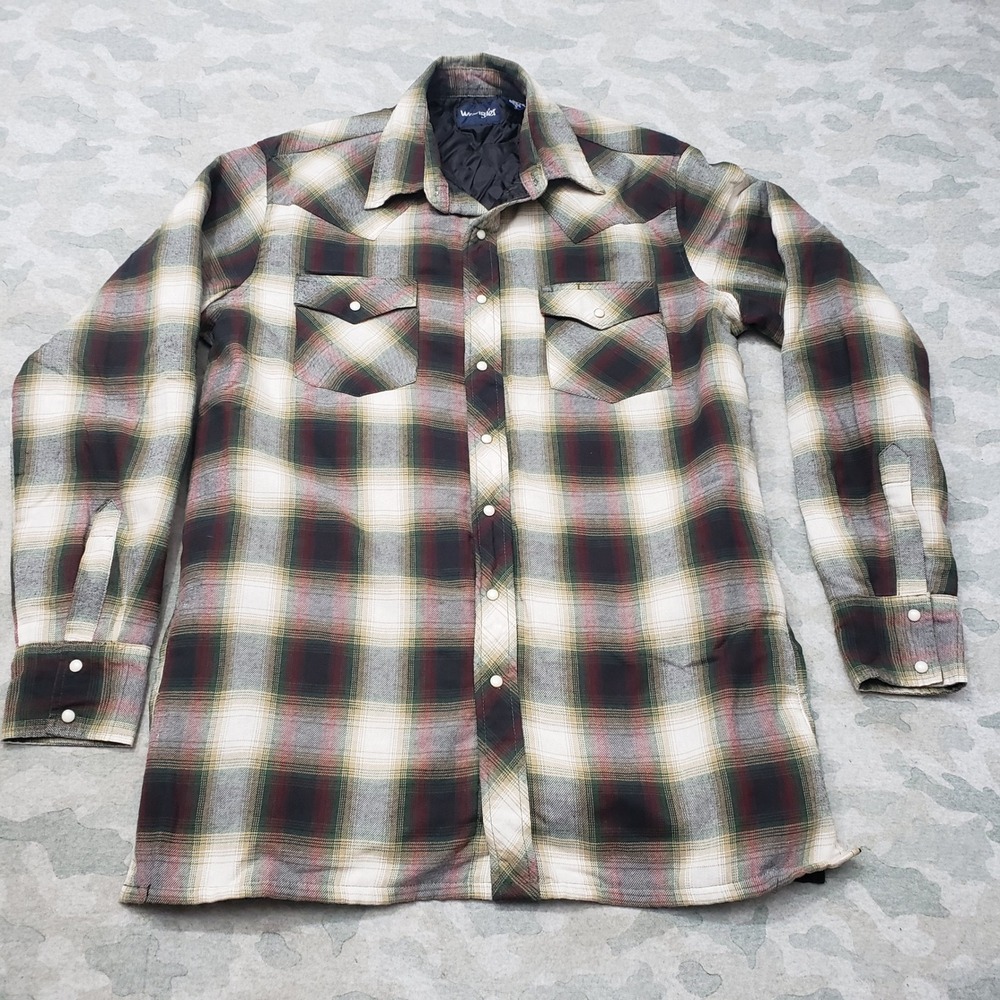 Wrangler Flannel Shirt Jacket Mens Large Tall Green Plaid Pearl Snap Pockets